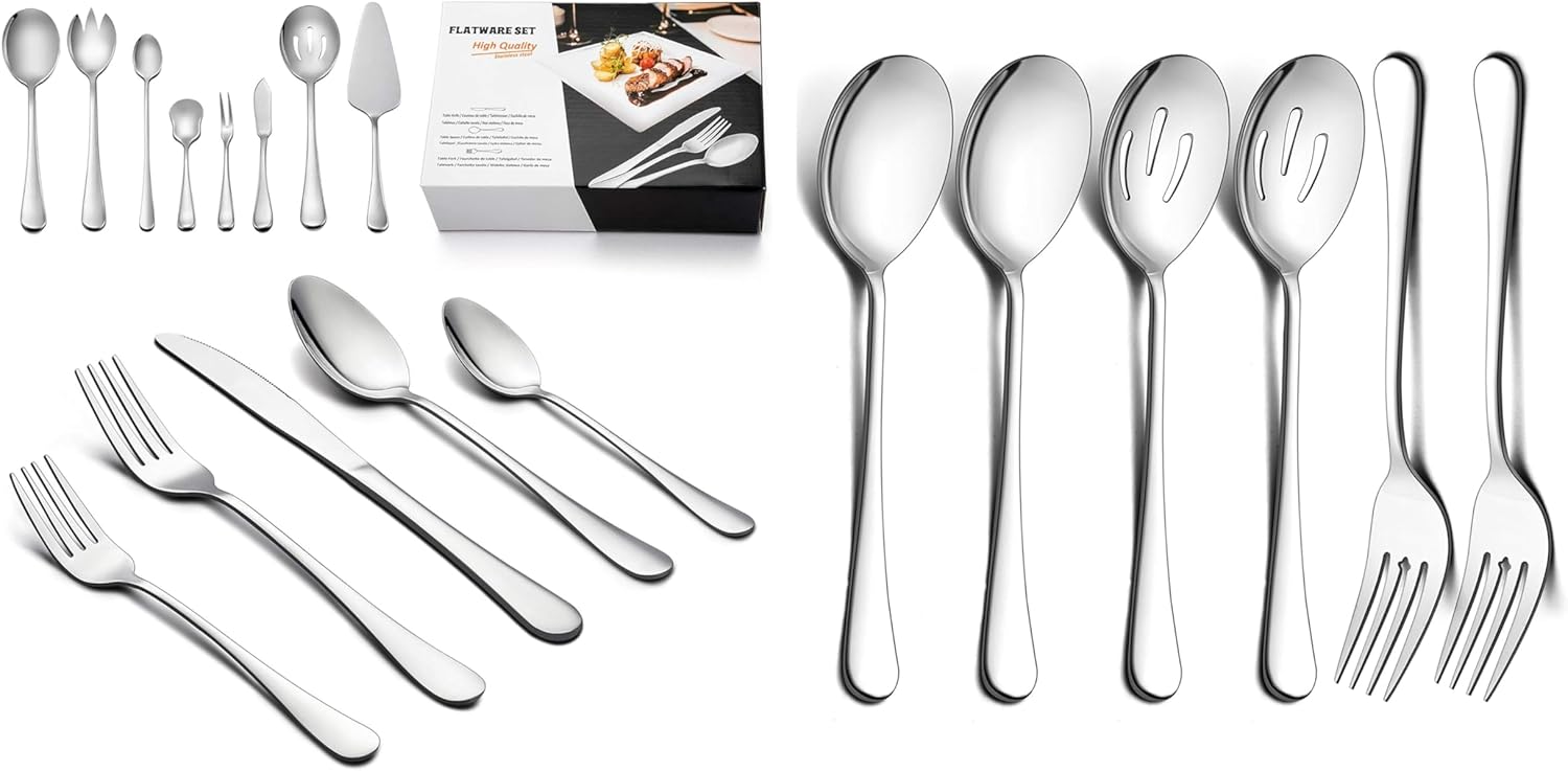 LIANYU 48-Piece Flatware Set Service for 8 with 2 Large Serving Spoons, 2 Slotted Serving Spoons, 2 Serving Forks, Stainless Steel Buffet Catering Party Banquet Serving Spoons Forks Set