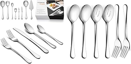 LIANYU 48-Piece Flatware Set Service for 8 with 2 Large Serving Spoons, 2 Slotted Serving Spoons, 2 Serving Forks, Stainless Steel Buffet Catering Party Banquet Serving Spoons Forks Set