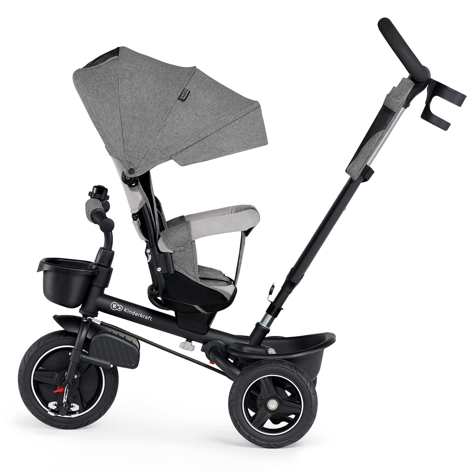 Kinderkraft SPINSTEP Triciclo bambini dai 9 Mesi con Maniglione, Cappottina impermeabile con filtro UPF50+, Pieghevole, Seduta girevole a 360 gradi, Grigio