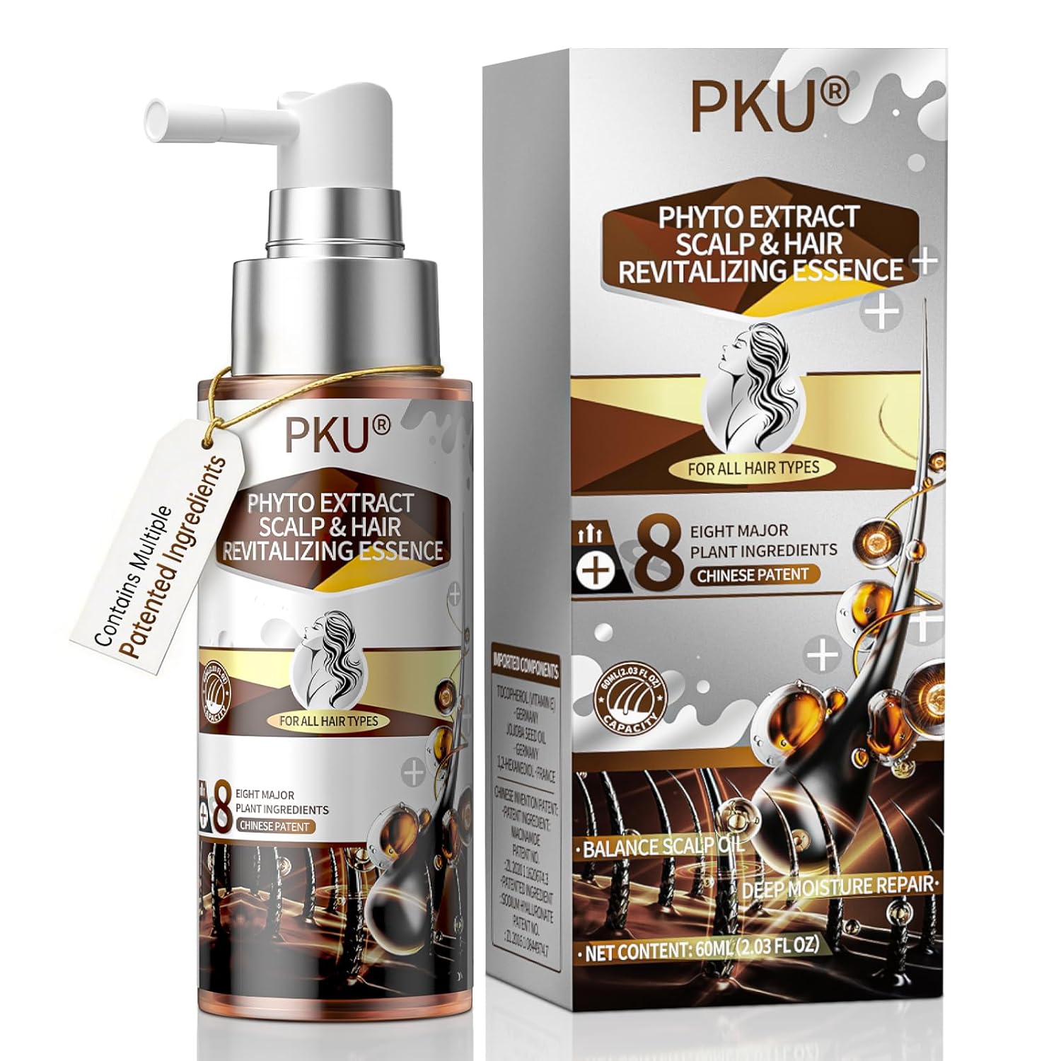 PKU Hair Growth Spray for Women & Men Results in 30 Days Hair Growth Serum Hormone Free Hair Regrowth Treatment for Hair Thinning & Hair Loss, Non-Greasy, 10X Faster Absorption, 60ml