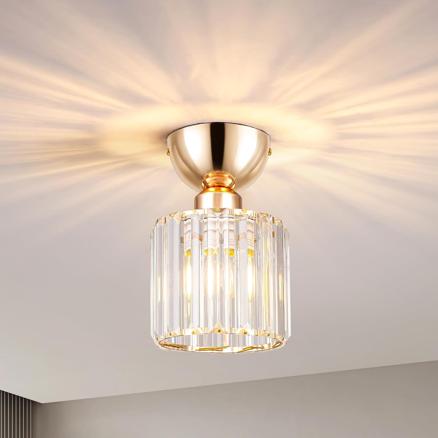 ALLOMN Modern Crystal Ceiling Light Mini Rose Golden Crystal Ceiling Light E27 Round Lampshade Crystal Chandelier for Bedroom Living Room Kitchen Hallway Bulb Not Included [Energy Class F]
