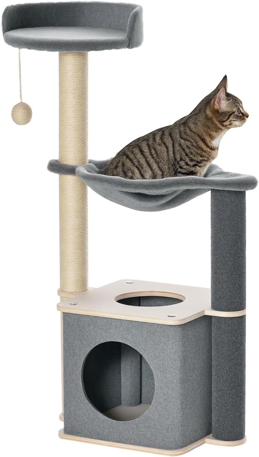 PawHut Cat Tree for Indoor Cats 95cm Climbing Tower Kitten Activity Center with Sisal Scratching Post Perch Roomy Condo Hammock Removable Felt Hanging Toy, Grey
