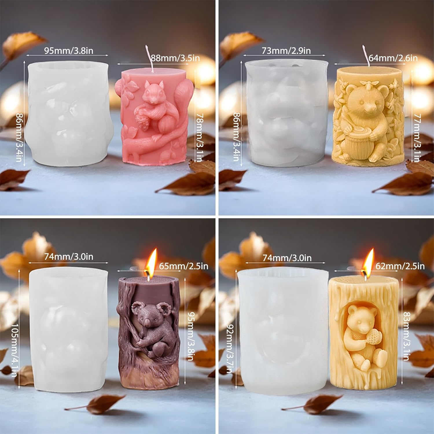 3D動物シリコンキャンドルモールド 4個パック DIY クマコアラ リスの柱キャンドル型 エポキシ樹脂鋳造型 DIYレジンクラフト/