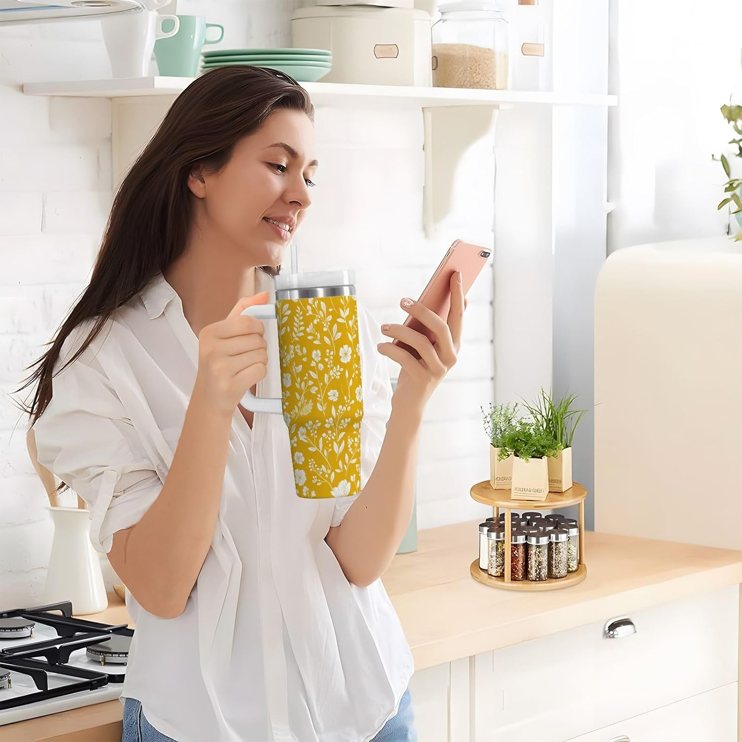 Yellow and White Flower Tumbler with Handle and Straw Leak Proof Tumbler 2 in 1 Lid Insulated Water Bottle Tumblers Stainless Steel Cup Large Travel Mug Cups, Gifts for Women Man, 30oz