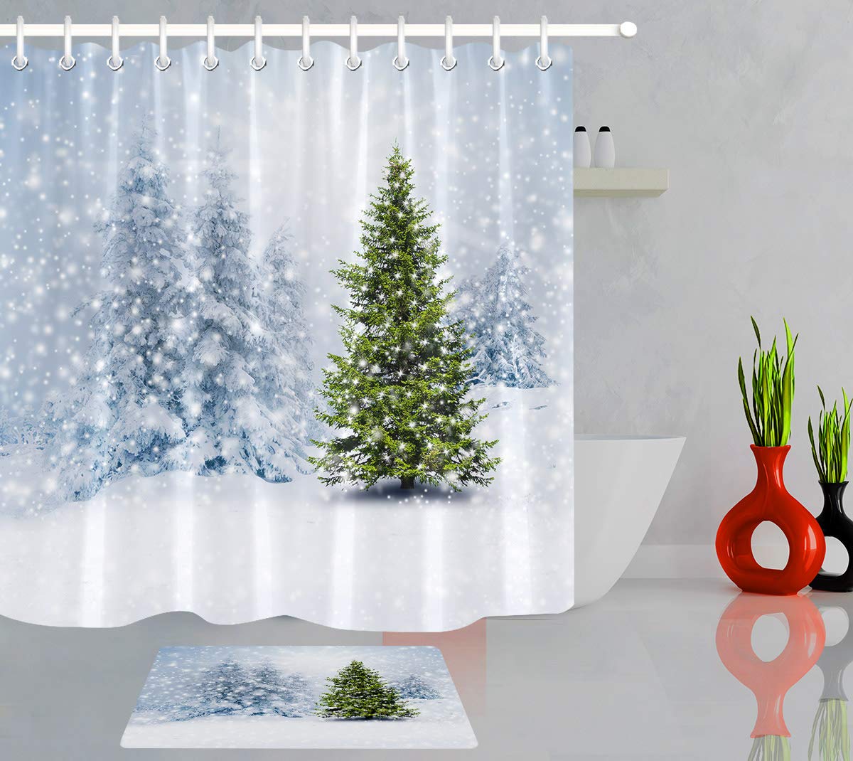 Cokomi Rideau De Douche Sapin De Noël Vert D'hiver Et Flocons De Neige Pour Salle De Bain D'enfants Décoration De Salle De Bain En Tissu Polyester 183