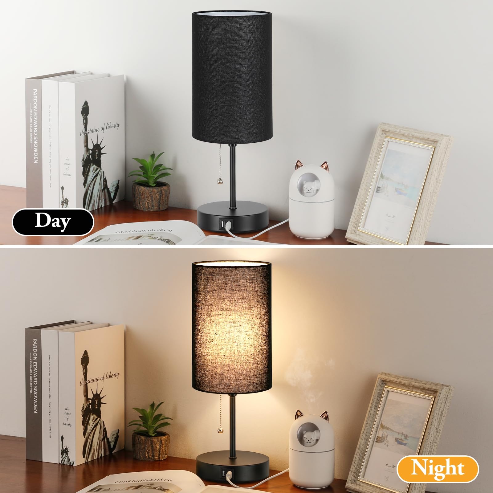 2er Set Tischlampen mit 2 USB-Anschlüssen, Nachttischlampen für Schlafzimmer, Moderne Nachttischlampen mit Zugkette, Minimalistische Schreibtischlampen mit schwarzem Stoffschirm und Metallsockel für