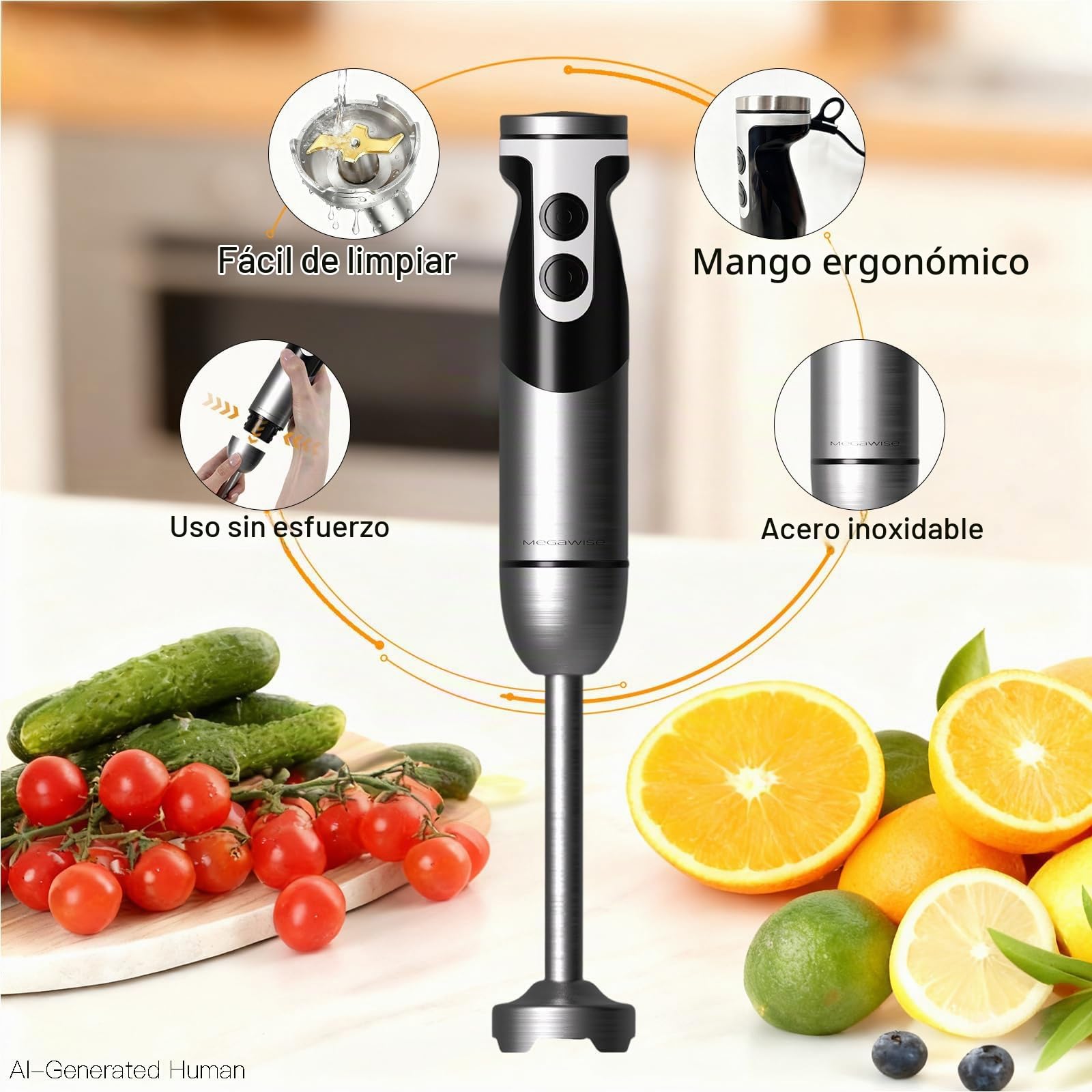 MEGAWISE Batidora de Mano 5 en 1 – Potente Batidora de Inmersión de 400W con Velocidad Variable y Eje de Acero Inoxidable – Incluye Picadora, Batidor, Espumador de Leche y Vaso Medidor (Negro)