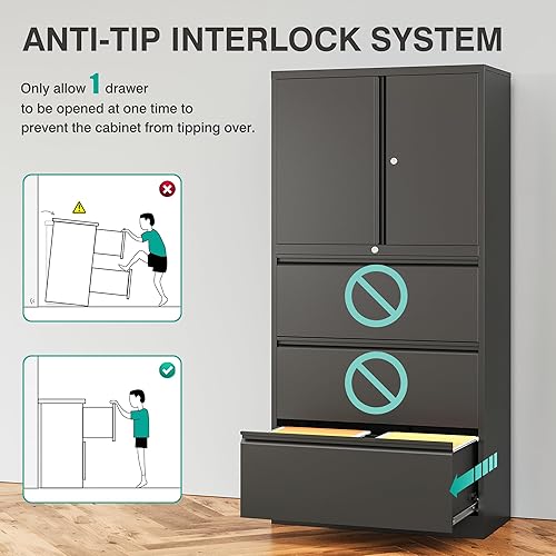 Vista 81 de SISESOL Archivador lateral de 2 cajones con cerradura y estante, gabinete de almacenamiento negro de 71 pulgadas con puertas, armarios