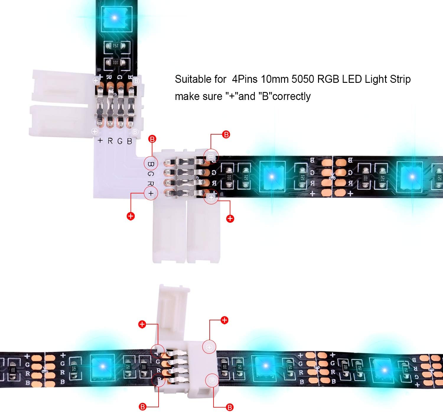 iCreating LED Strip Connectors 4 Pin, RGB LED Light Connectors Kit Includes 5050 LED Connectors L Shape 4Pin 10mm LED Light Strip Connectors for 10mm Wide 4-pin RGB LED Strip Lights - Image 3