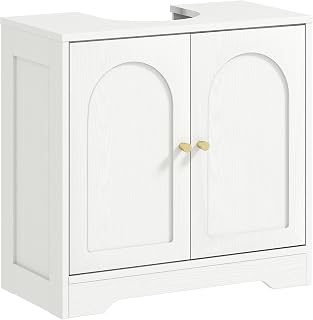 HOMCOM Mueble bajo Lavabo Mueble de Baño con 2 Puertas con Diseño de Arco Estante Ajustable Tiradores Dorados para Lavabo con o sin Pedestal 60x30x65 cm Blanco