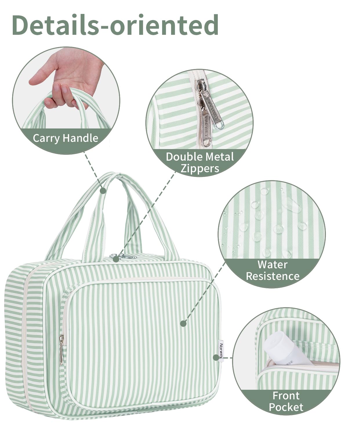 Narwey Large Hanging Travel Toiletry Bag for Women Wash Bag Cosmetics Makeup Bag Organizer for Full Size Accessories (Mint Green Stripe (Large)) — view 8
