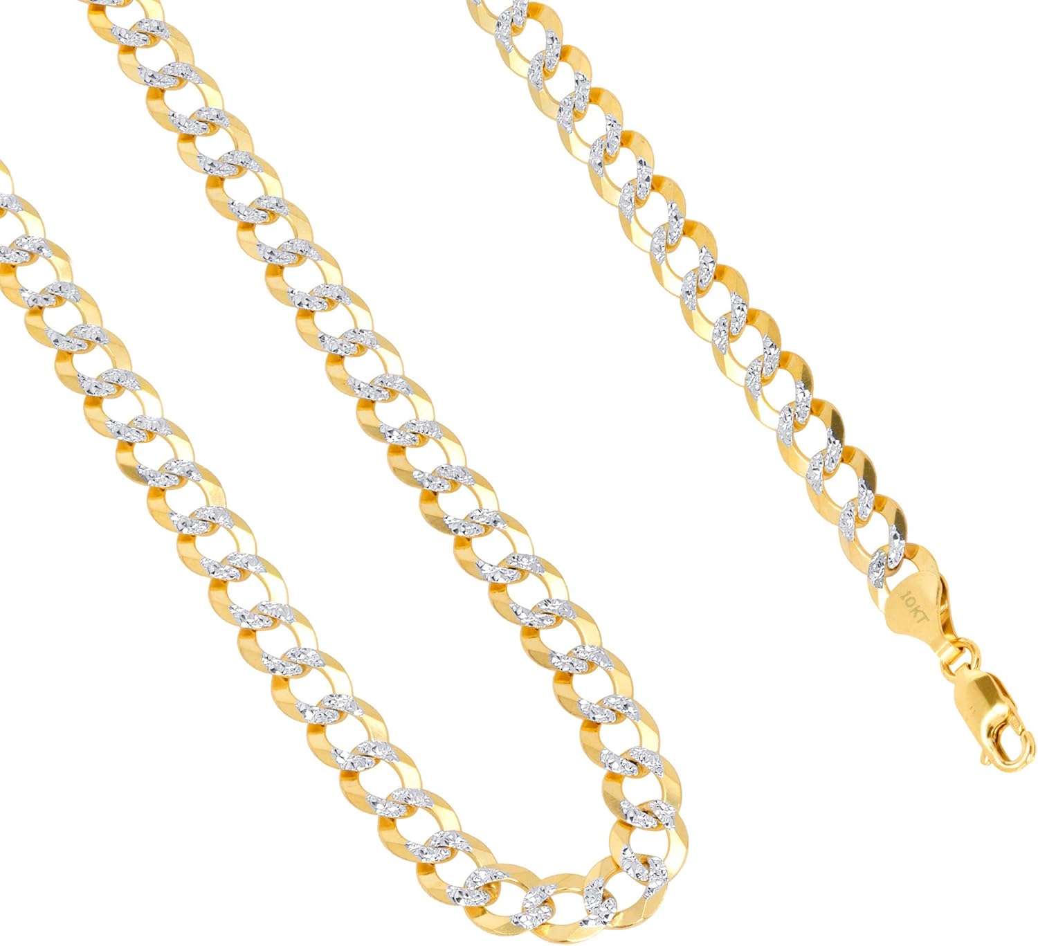 Nuragold 10k Real Yellow Gold Solid Cuban Curb Link 8.5mm Diamond Cut Pave Chain Necklace (20"-30") Two Tone Italian Jewelry for Men