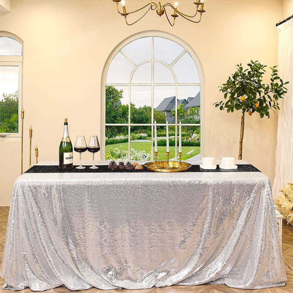 Black Sequin Table Runner 4Pack 12 x 108 inch Long Table Runners,Glitter Shiny Fabric Runner for Round Rectangle Table Decorations Reception Party Graduation Event Halloween Birthday Banquet