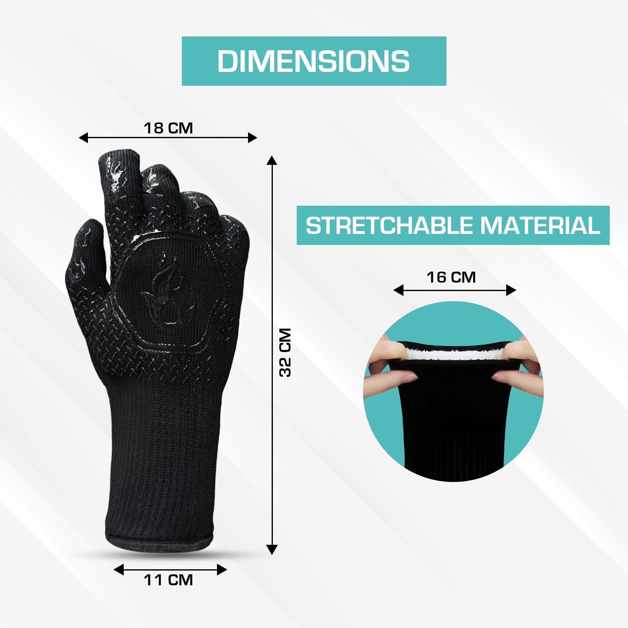 Amazon Brand - Umi BBQ Gloves| Heat Resistant Barbecue Gloves for Cooking| Grilling Gloves Non Toxiceco Anti-Slip| Protection of Hands from Fire Heat with Premium Silicon Gloves 1-Pair, (Black) - Image 6 thumbnail