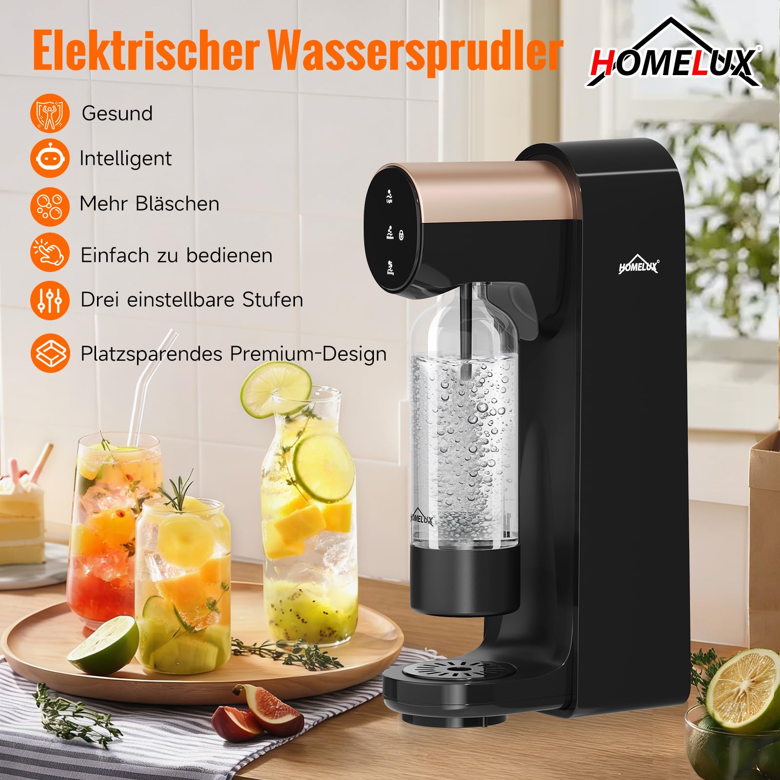 HOMELUX Elektrischer Wassersprudler mit 1L BPA-freier PET-Flasche