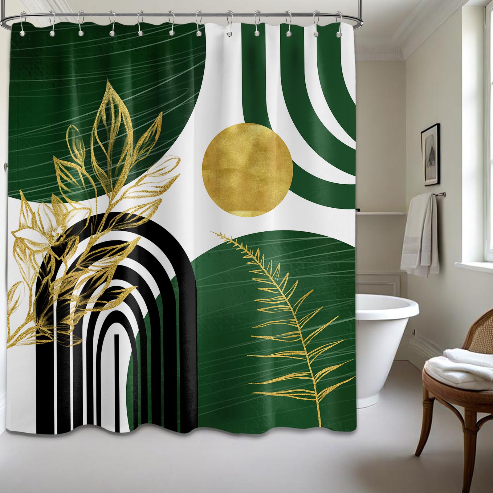 dueeia Olive Green and Gold Shower Curtain Sage Hunter Green Boho Mid Century Modern Shower Curtains for Mens Bathroom Decor, Waterproof Fabric 60 x