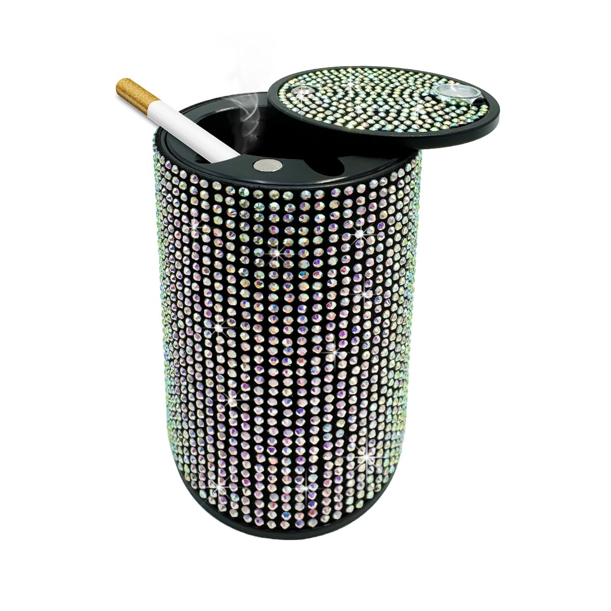 Bling Car Ashtray, Rhinestones Auto Mini Car Ashtray Portable with Lid Smell Proof, Smokeless Vehicle Cigarette Ashtray Ash for Women, Universal Interior Car Accessories (Colorful)