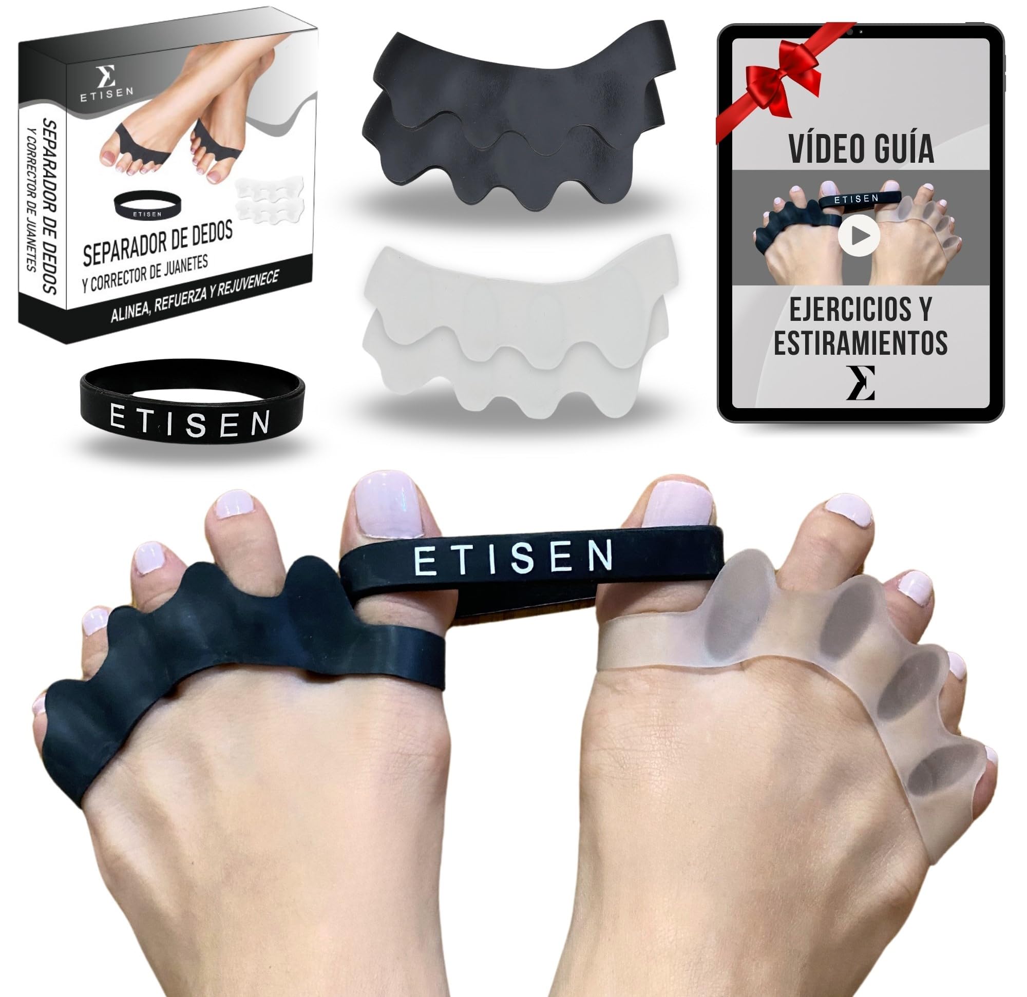 ETISEN, Separadores de Dedos de los Pies, (2 pares) + Banda Anti-Juanetes, separador dedos pie, espaciador de dedos, corrector de dedos, restaurar los pies (Negro y transparente)