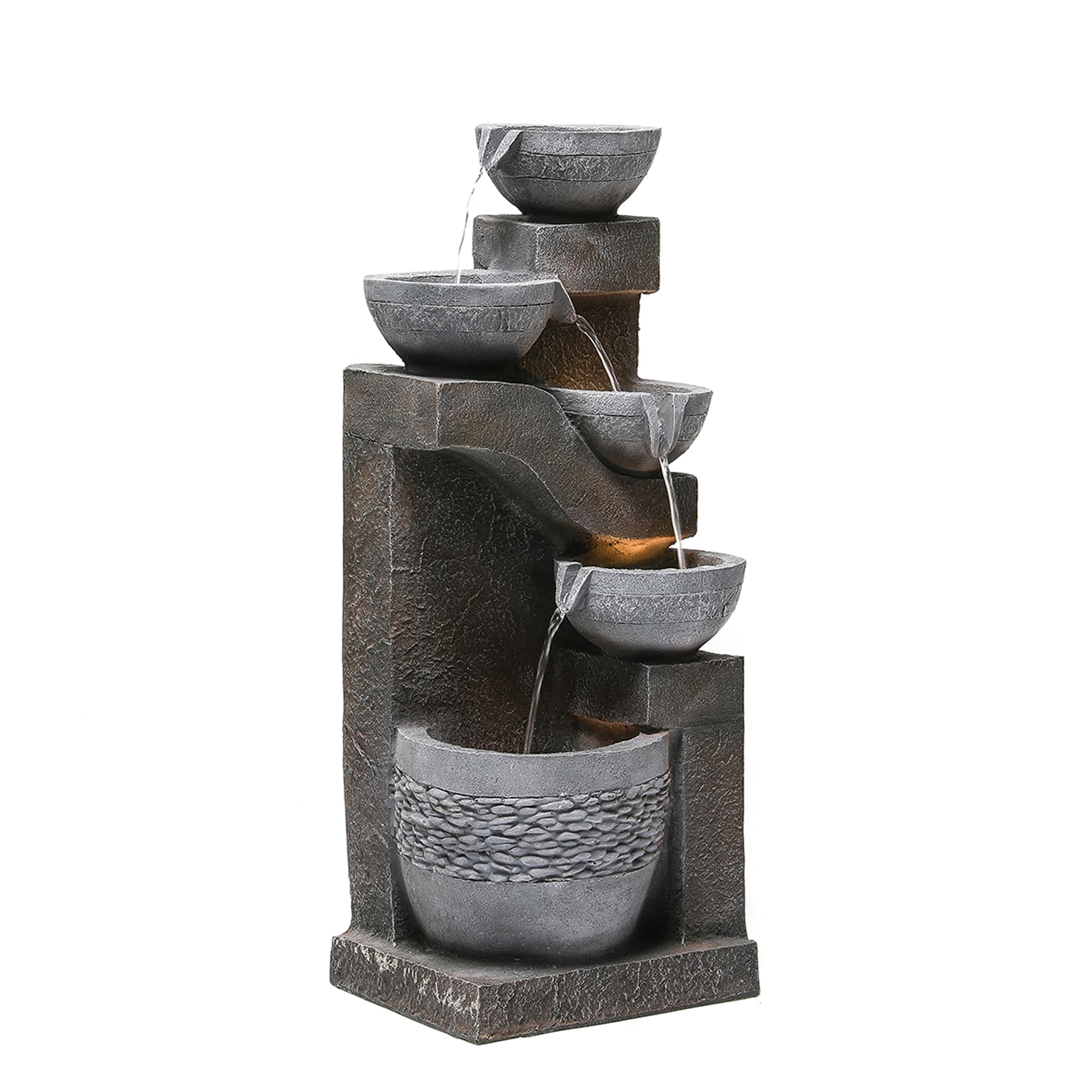 Fuente de Agua para Jardín y Exteriores, Fuente de Jardín con Iluminación LED, Cascada de 5 Niveles para Patio, Fuente Decorativa con Bombas, Decoración de Interior para Terraza, Gris