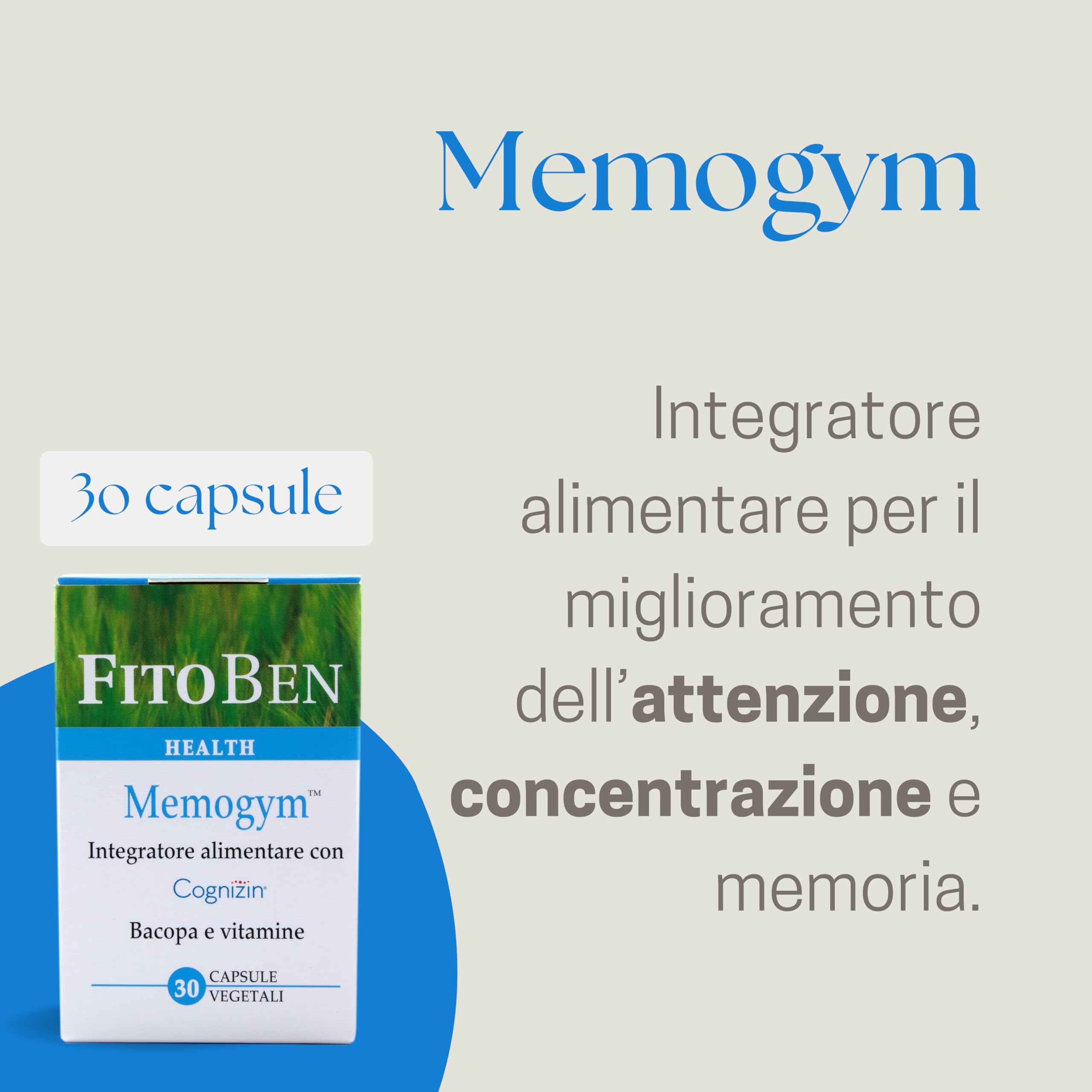 Fitoben Memogym Integratore Alimentare Naturale per la Memoria, Concentrazione e Funzioni Cognitive, 30 Capsule Vegetali