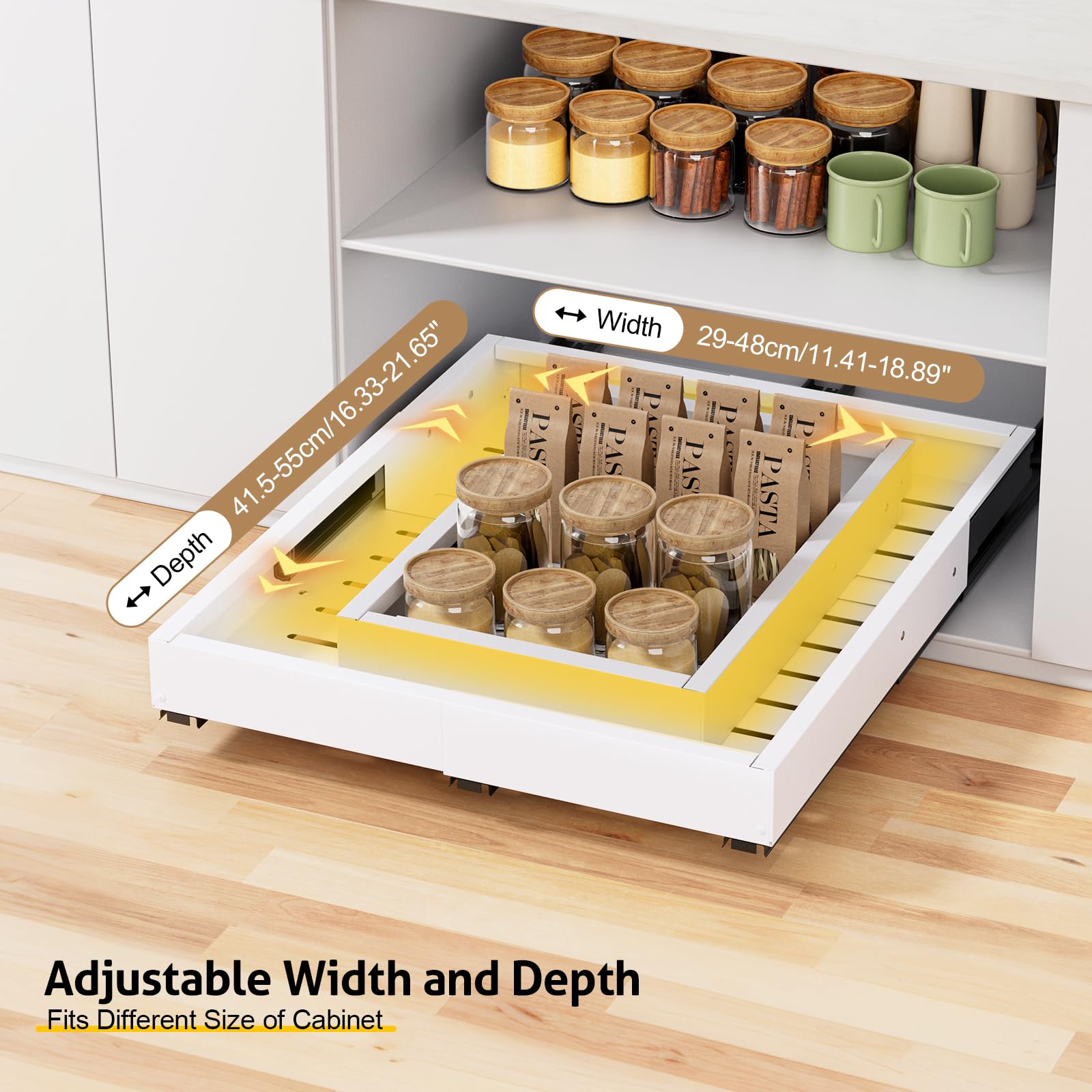Organizador de gabinete extraíble, ancho (11-19 pulgadas) profundidad (16-22 pulgadas), 4 lados expandibles, 3 rieles deslizantes, cajones deslizantes fijados con nano película adhesiva o clavos para 2
