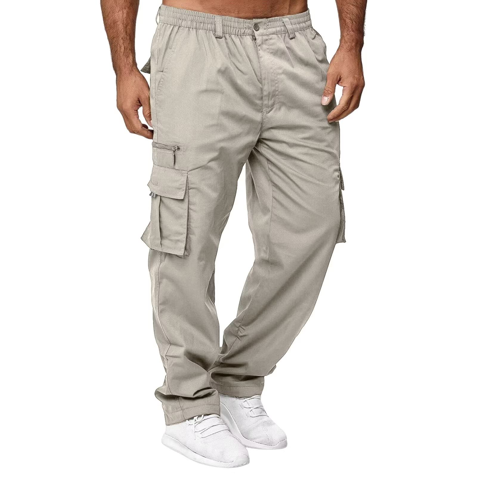 Mens Cargo Pants Work Pants Relaxed Fit Elastic Waist Casual