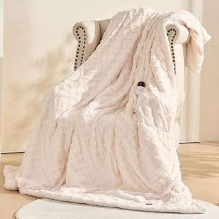 Heated Blanket Electric Throw with 6 Fast Heating Levels,4 Hours Auto-Off,Ultra Coza & Warm 50x60 Faux Rabbit Fur Electric Blanket with Overheating Protection,ETL Certification(Cream)