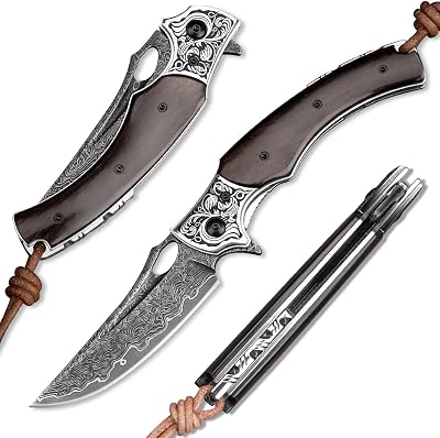 NEWOOTZ Nwootz damascus steel folding knife,handmade 3.5in japanese vg10 core blade and ebony wood liner lock handle,edc pocket knives with leather sheath for men outdoor camping
