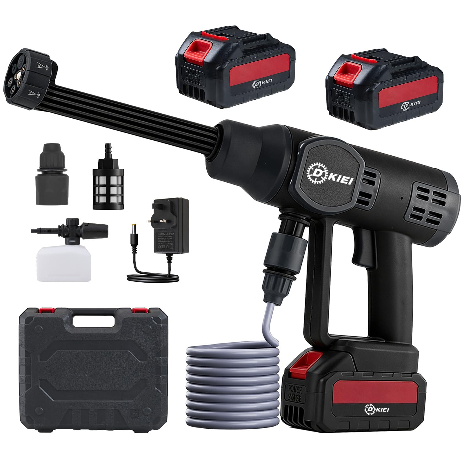 DKIEI Cordless Pressure Washer 200Bar/2900PSI, Electric Power Washer with 2 x 3000mAh Batteries, Portable Jet Washer Kit 6-in-1 Adjustable Nozzle Pressure Cleaner for Washing Cars/Floor/Garden, Black