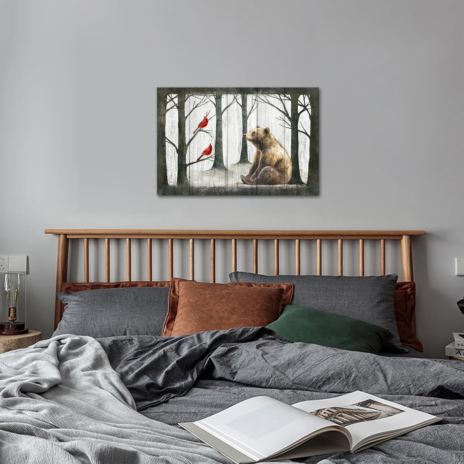 iKNOW FOTO Woodland Animal Nursery Canvas Wall Art Bear and Northern Cardinals Tree Watercolor Painting Forest Wildlife Poster for Boys and Girls Room Rustic Modern Home Decor 16x24 Ready to Hang