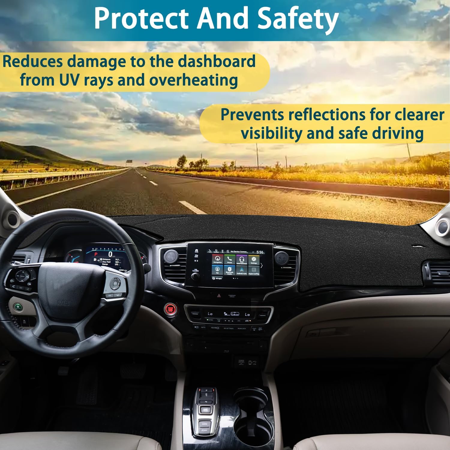 Dashboard Cover for Honda Pilot Accessories 2016-2022 / Passport Accessories 2019-2025 / Ridgeline Accessories 2017-2025 Dash Board Mat Sunshield Pad Carpet Protector Wihout HUD (Black)