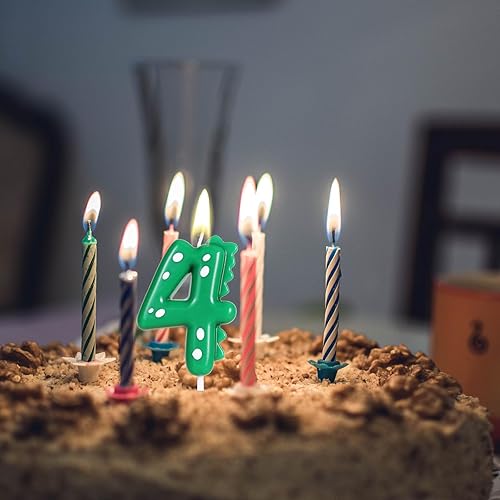 Miniatura 2 de Vela verde de dinosaurio número 4 para decoración de fiesta de cumpleaños de niños, suministros de fiesta de dinosaurios de 4 cumpleaños, decoración