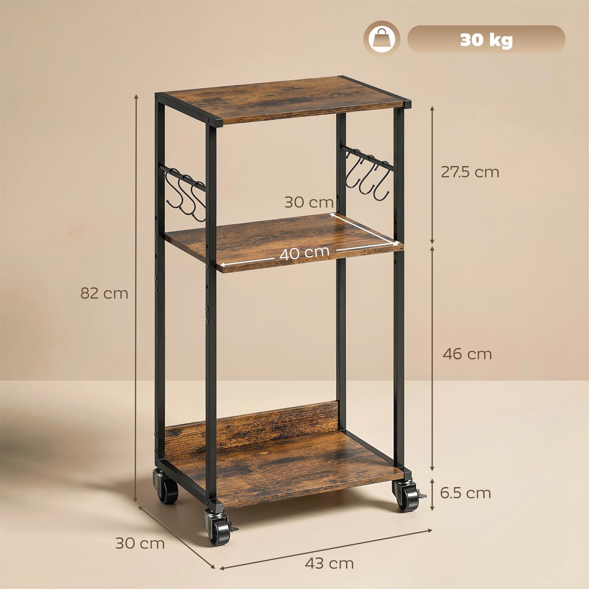 HOMCOM Carrello Porta Stampante a 3 Livelli, Supporto Stampante con Ruote con Freno e 6 Ganci, Salvaspazio in Metallo e Legno, per Casa, Studio, Ufficio, Industriale, 43x30x82cm, Marrone Rustico