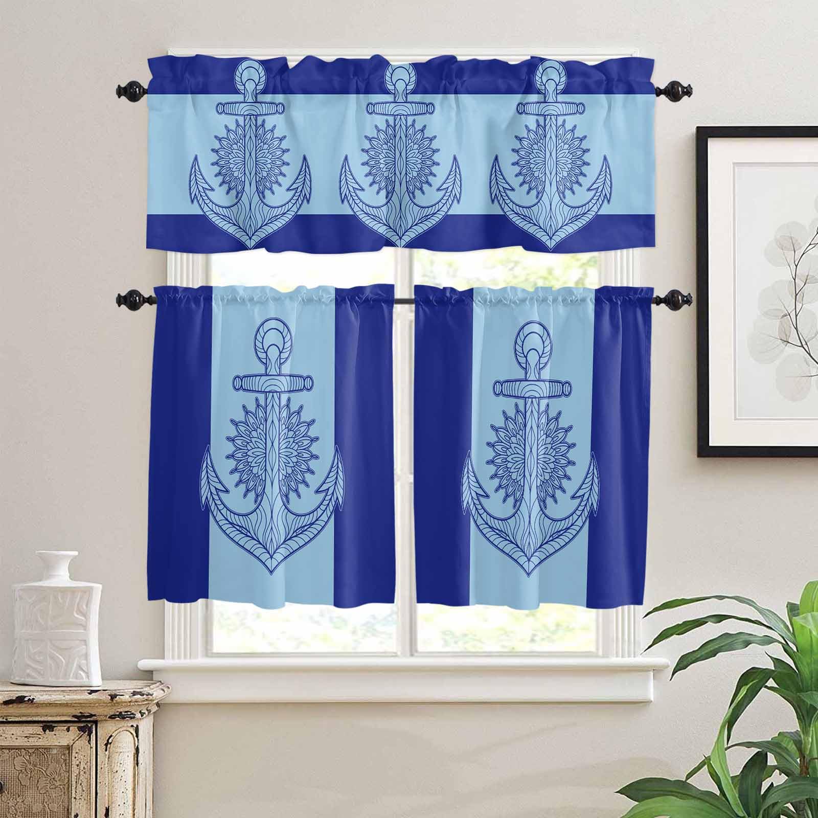 Navy Blue Anchor Kitchen Curtains 36 Inch Length,3 Piece Rod Pocket Small Half Tiers and Valance Set,Nautical Mandalas Boho Modern Abstract Small Large Window Treatment Decor for Bedroom/Bathroom