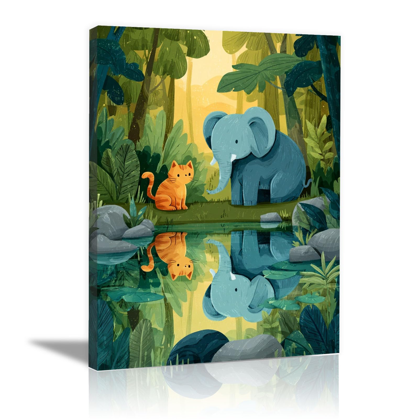 TERUEA Animal Wall Art Canvas Painting Animal Blue Elephant Jungle Pond Reflection Canvas Wall Art Watercolor Prints Pictures(Green)-40x60cm Framed