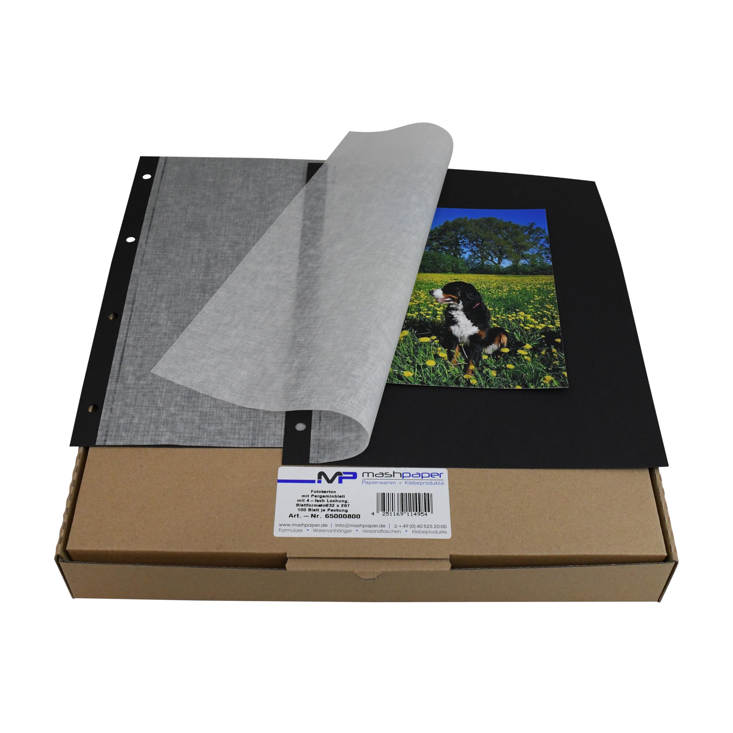 MASHPAPER Kartony fotograficzne, czarne, 230 g/m², 23,2 x 29,7 cm, z pergaminową kartą ochronną, 4-krotne dziurkowanie, arkusze do albumu fotograficznego, 100 arkuszy