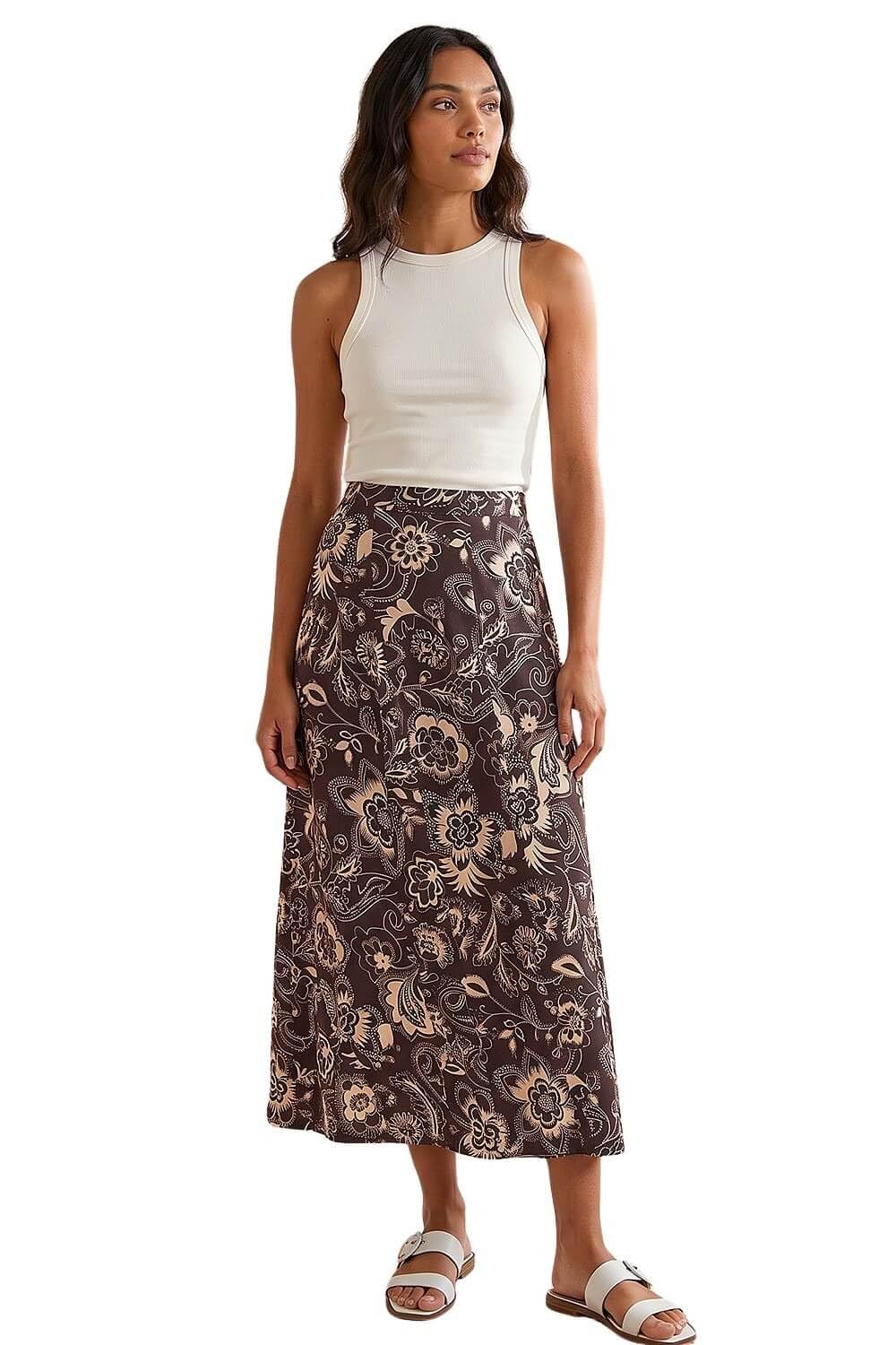 Roman Jersey Skirt for Women UK - Ladies Midi Maxi Floral Animal Print Autumn Winter Swing Smart Casual Office Cocktail Party Going Out Evening Holiday Cruise - Size 10 - Paisley Swirl Chocolate