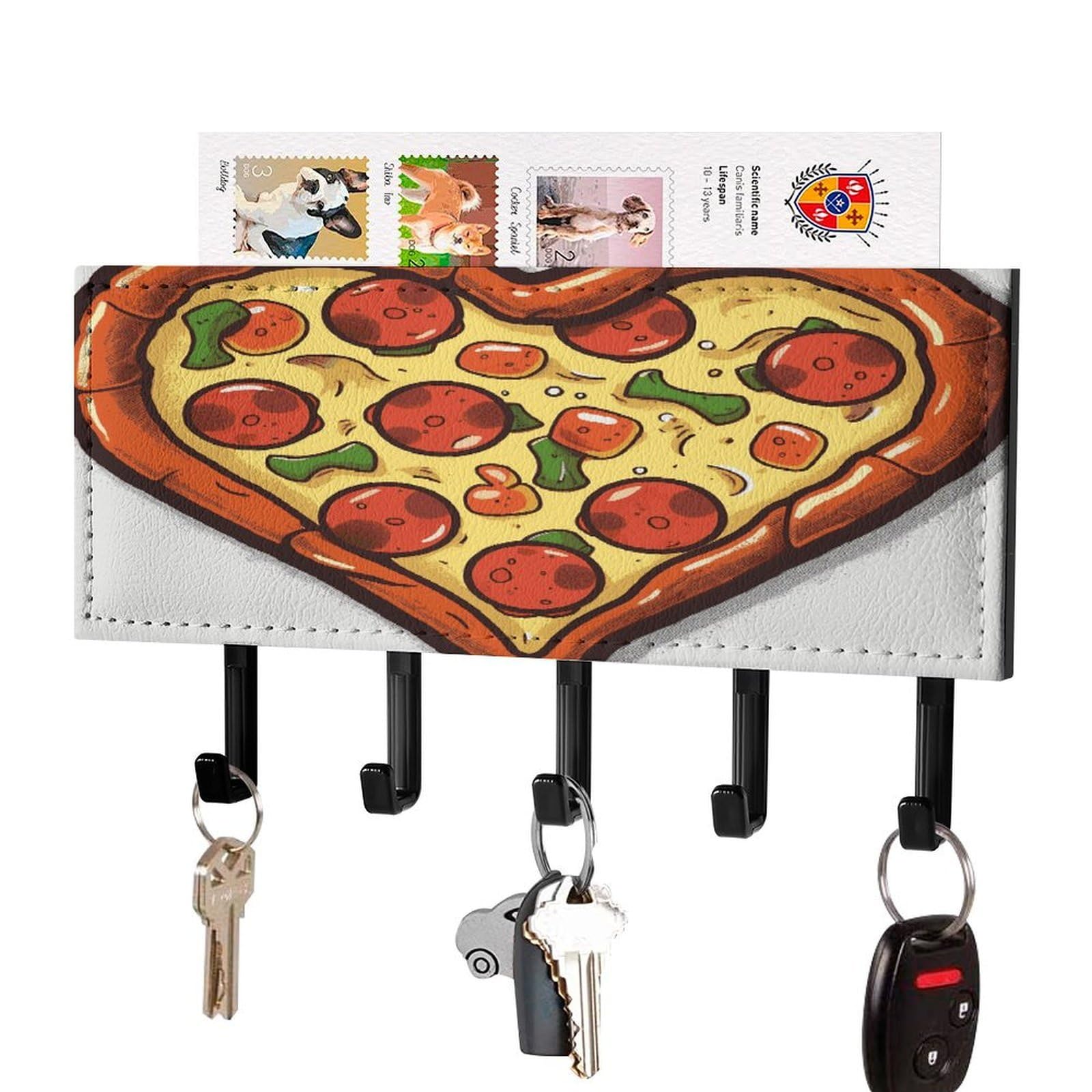 Fekiloot Black-Style I Love Pizza Heart Key Holder Wall Mount Key And Mail Holder Key Hanger With 5 Hooks Decorative Pu Key Rack Hanging Key Hooks For Wall Living Room Kitchen Bathroom Hallway