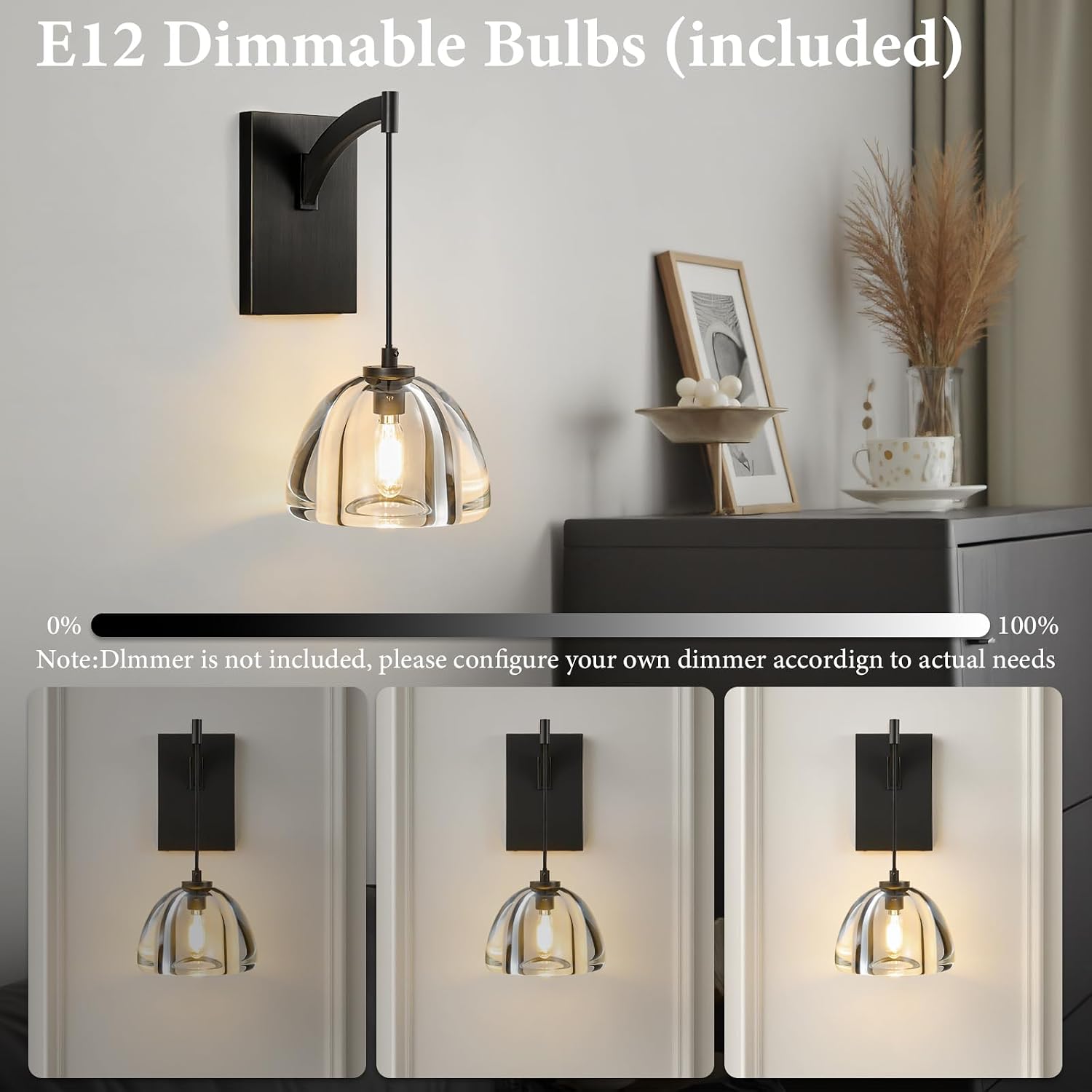 Crystal Brass Dome Wall Sconce - Luxury Matte Brushed Lighting Fixture with K9 Crystals Cloche - Dimmable Indoor Hanging Light - Modern Black Sconces for Bathroom Bedroom Living Room Stair