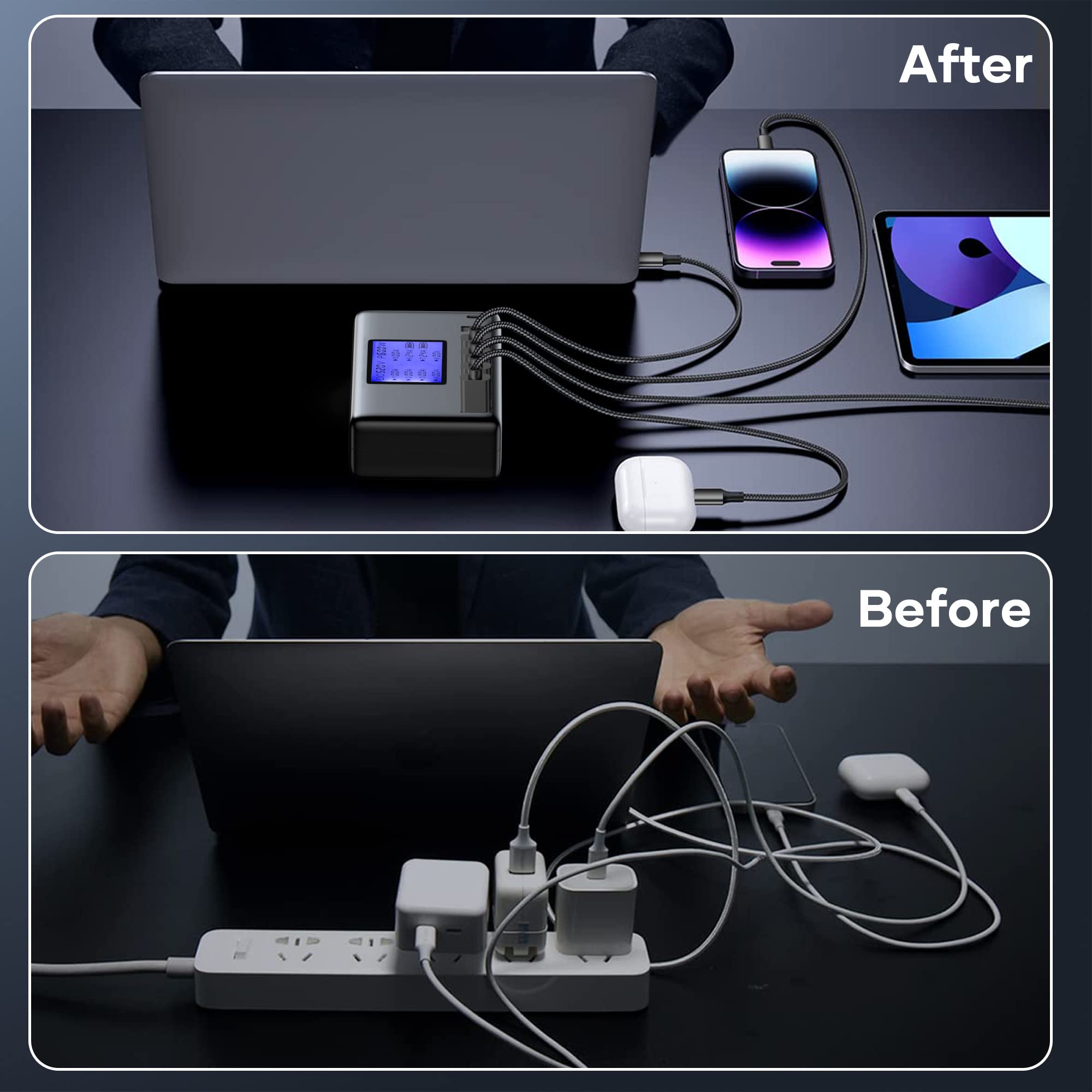 Stazione di ricarica USB 60W 8 porte Hub di ricarica USB 12A Stazione di ricarica USB con display LCD per più dispositivi, Caricabatterie intelligente da tavolo con hub USB C per iPhone
