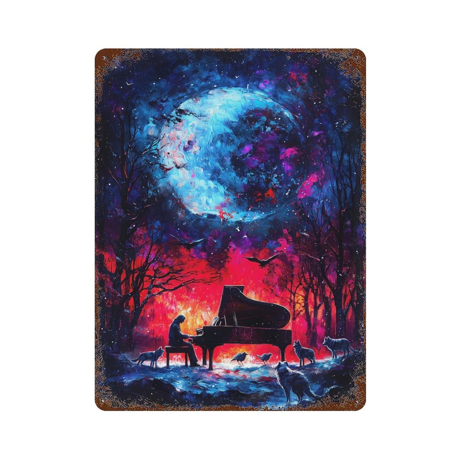 Rust Effect Piano Under A Cosmic Moon Rusty Metal Tin Sign 15.7"x11.8", Rustic Home Decor for Living Room, Hallway And Home Decor