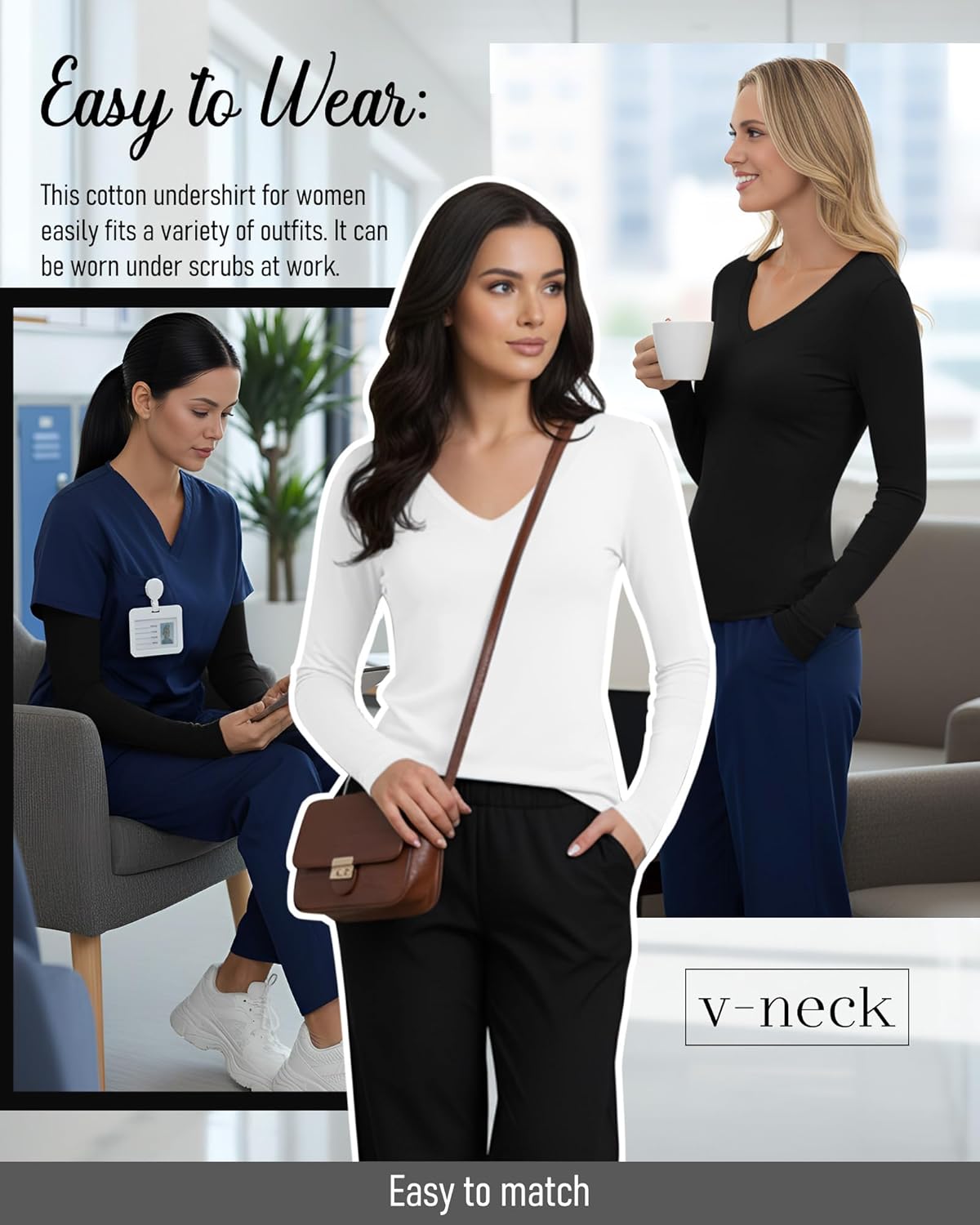 5 Pack Women's Long Sleeve Under Scrubs V Neck Fitted Undershirts Basic Layering Tops for Nurse - Image 6