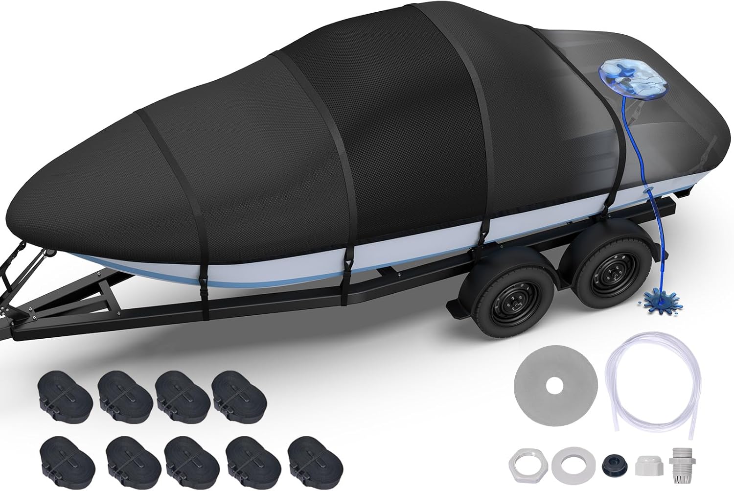 Heavy Duty Boat Cover 16'-18.5', 1400D Middle Reinforced Waterproof Polyester Canvas, Trailerable Boat Cover with Fast Drainage Kits Fit 16-18.5ft V-Hull/Tri-Hull/Runabout/Bass Boat/Fish & Ski, Black