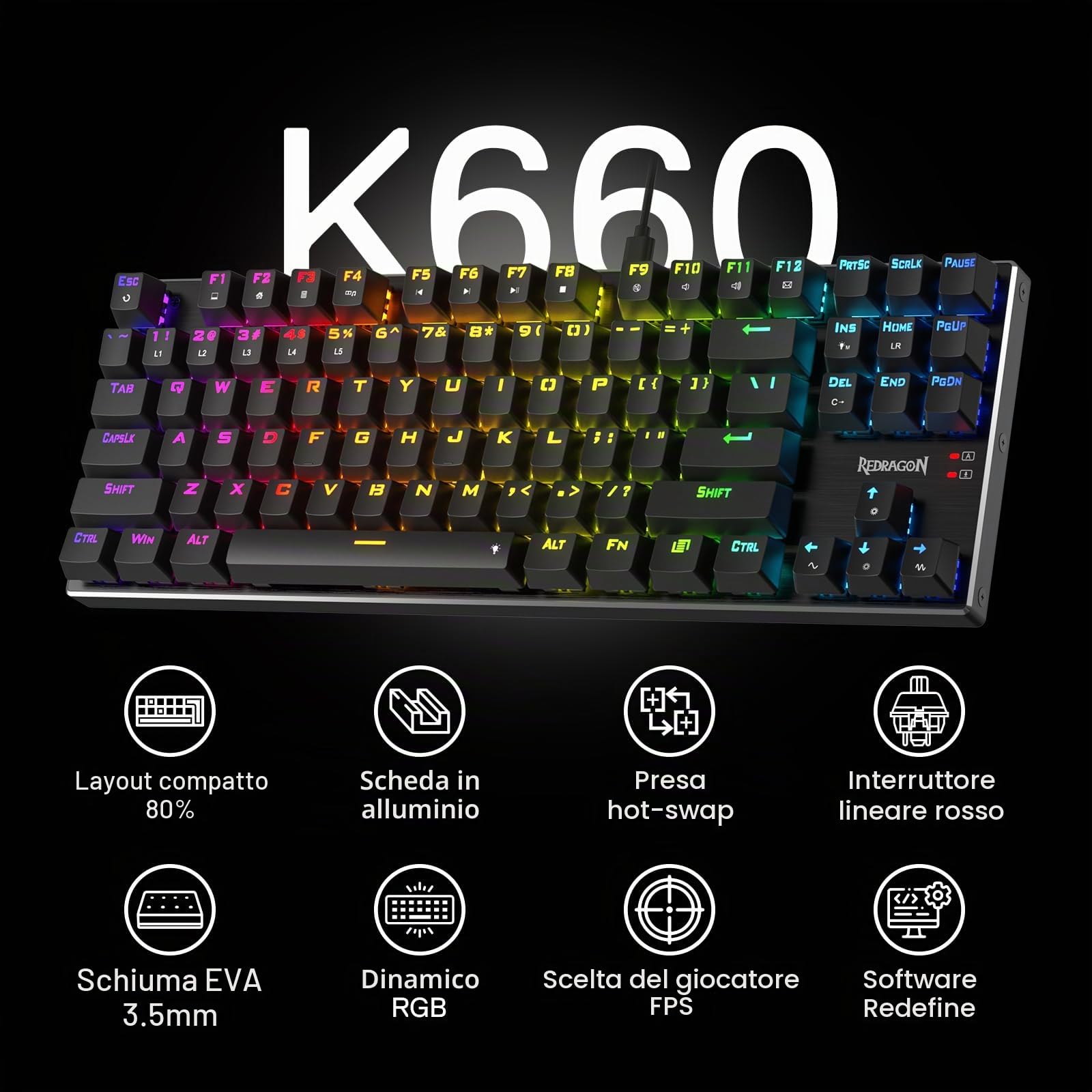 Redragon K660 Tastiera Gaming 80% Cablata Base Alluminio US | Interruttore lineare silenzioso, scambio a caldo migliorato, base alluminio, design compatto TKL, layout US