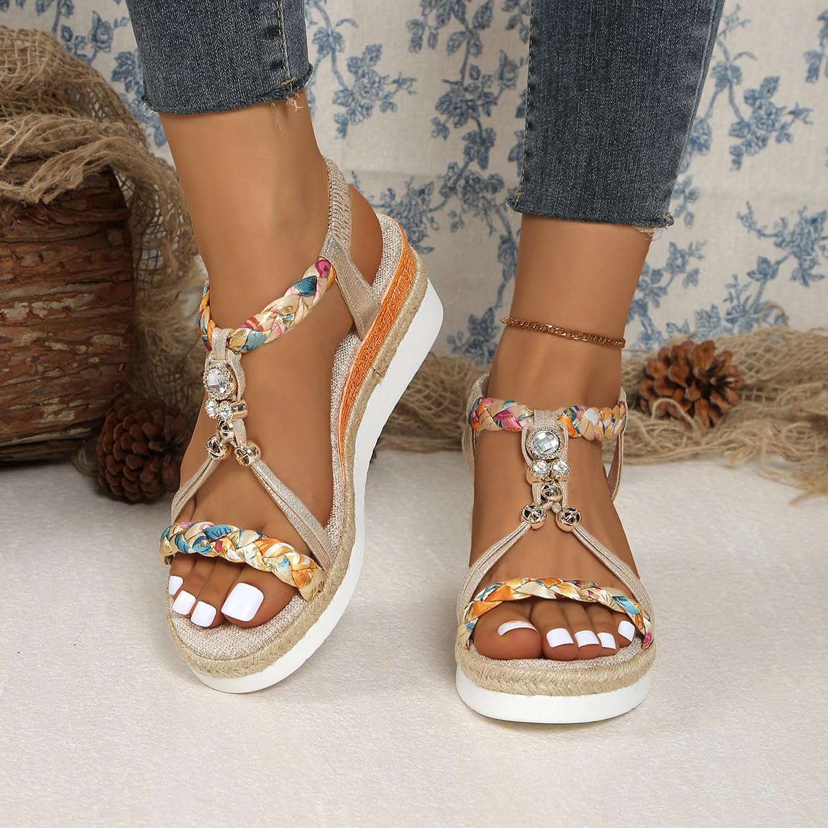 Sandalias de cuña bohemias para mujer, sandalias de plataforma informales de ancho ancho, ortopédicas, cómodas, para caminar, puntera abierta, sin cordones, correa al tobillo, zapatos elegantes de