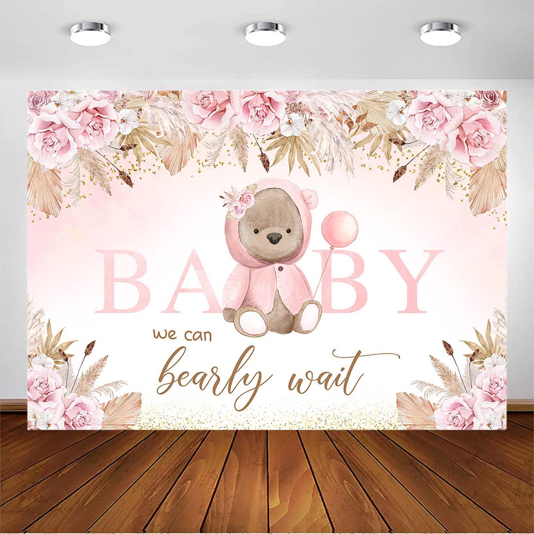 Avezano Boho Bear Baby Shower Backdrop We Can Bearly Wait Pink Floral Baby Shower Party Decorations for Girl Pampas Grass Photography Background (Pink, 7x5ft)