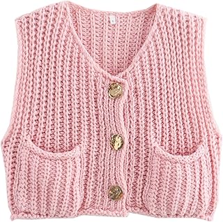 Felcia Womens Sweater Vest Sleeveless V Neck Button Down Knitted Waistcoats Casual Cropped Sweater Tank Tops with Pockets Y2k Streetwear
