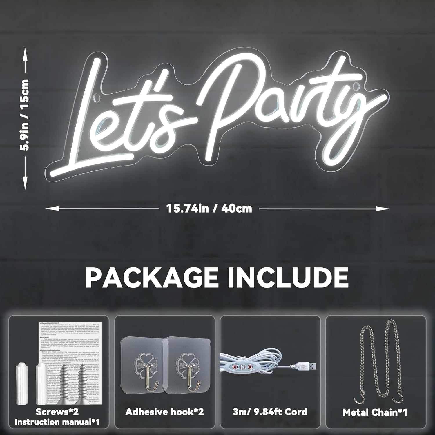 Let's Party Neon Signs Dimmable LED Neon Light for Wall Decor Art Decorative Lights for Bachelorette Party Engagement Party Birthday Party Living Room Gamer Room Decorations, White - Image 4