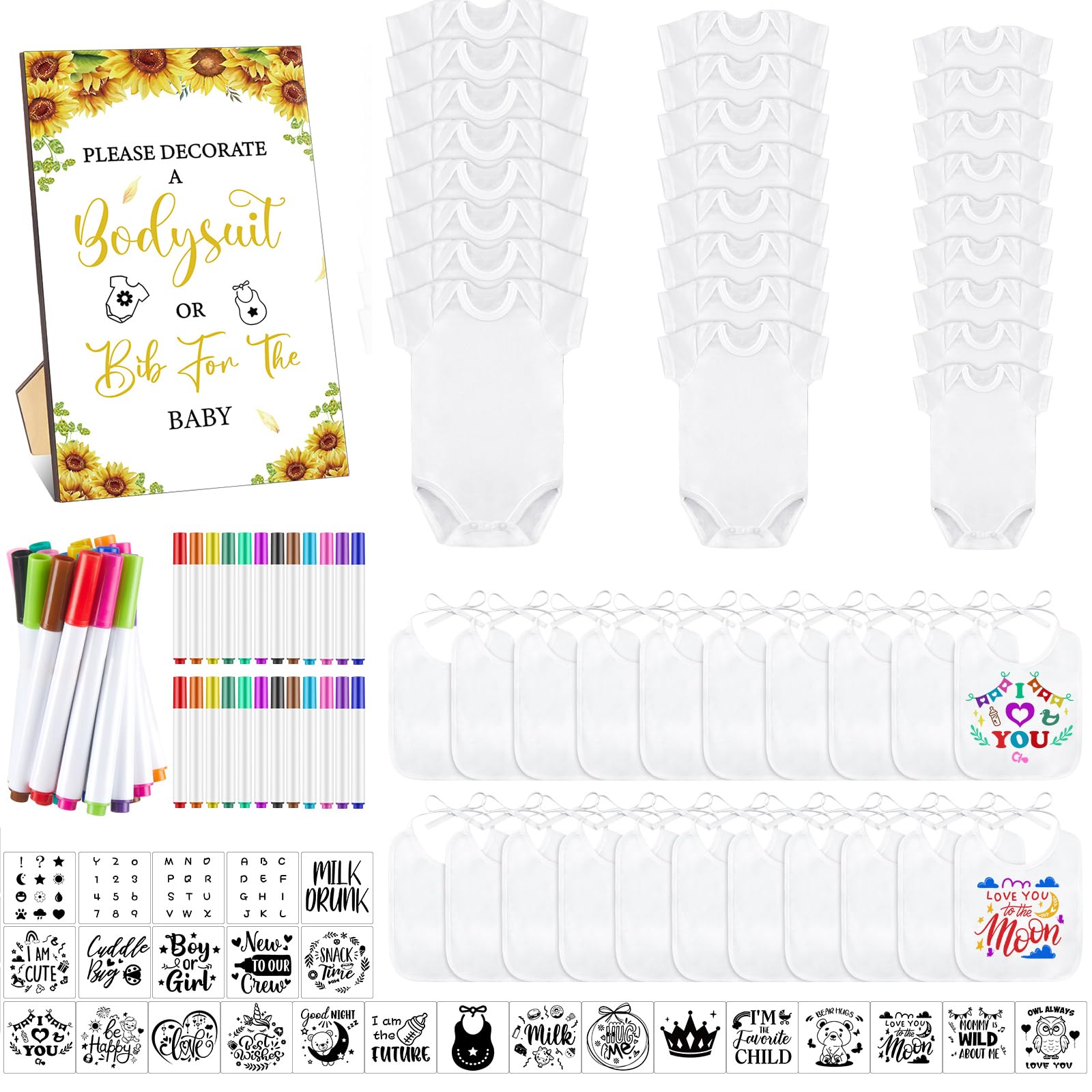 Panitay 100 Pcs Blank Bib Bodysuit Baby Shower Set Baby Shower Sign Blank Feeder Bib DIY Bodysuit Fabric Colorful Marker(Sunflower)