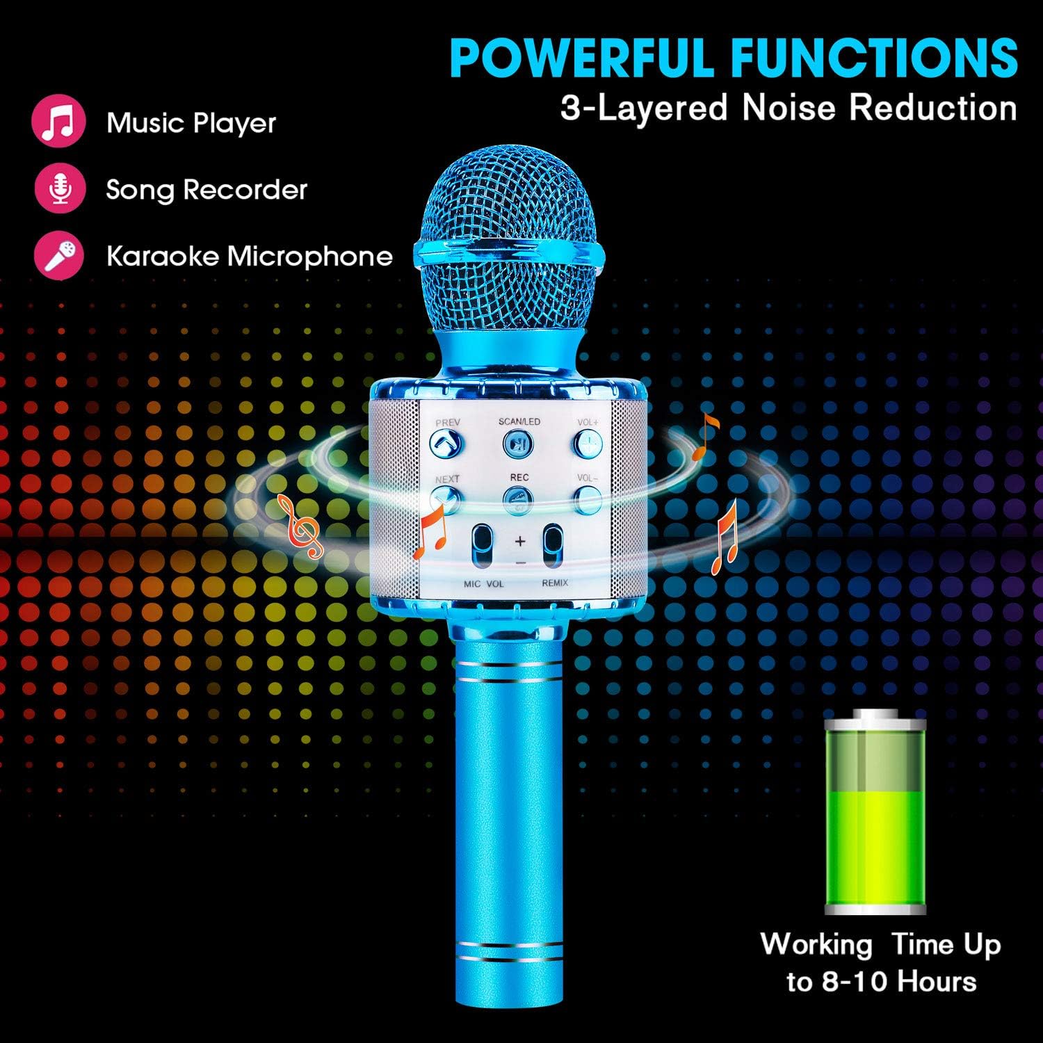 ShinePick Karaoke Microphone, 4 in 1 Wireless Microphone with LED Lights Handheld Portable Karaoke Machine, Home KTV Player, Compatible with Android & iOS Devices(Blue)